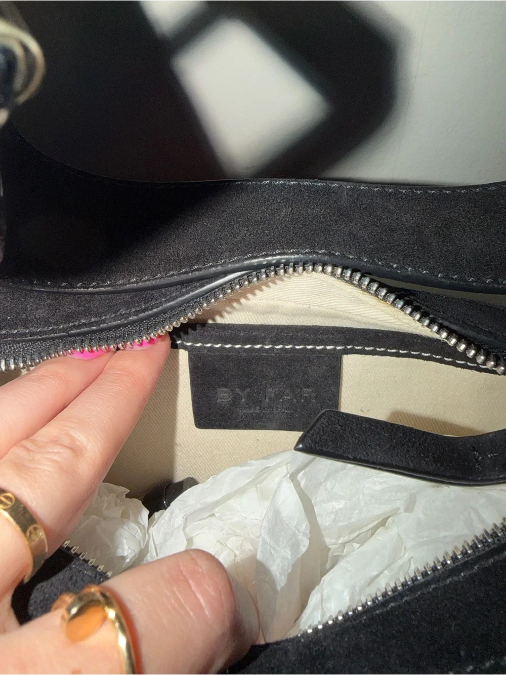 BY FAR Soho Black Suede Shoulder Bag with Studded Strap